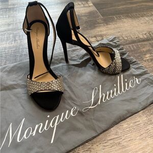 Monique Lhuillier Black Heeled Sandals with Silver Crystal Strap